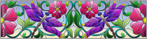 Illustration in stained glass style with bright dragonflys, flowers and leaves, on a blue background
