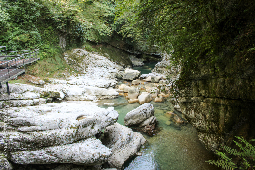 Canyon, river surrounded by forest and cliffs, turquoise water. Georgia, Martvili Canyon. Summer, green trees, travel, tourism, stones. Canyon, river surrounded by forest and cliffs, turquoise water. Georgia, Martvili Canyon. Summer, green trees, travel, tourism, stones.