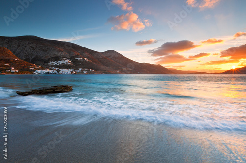 View of Aegiali village from a nearby beach, Amorgos island, Greece. 