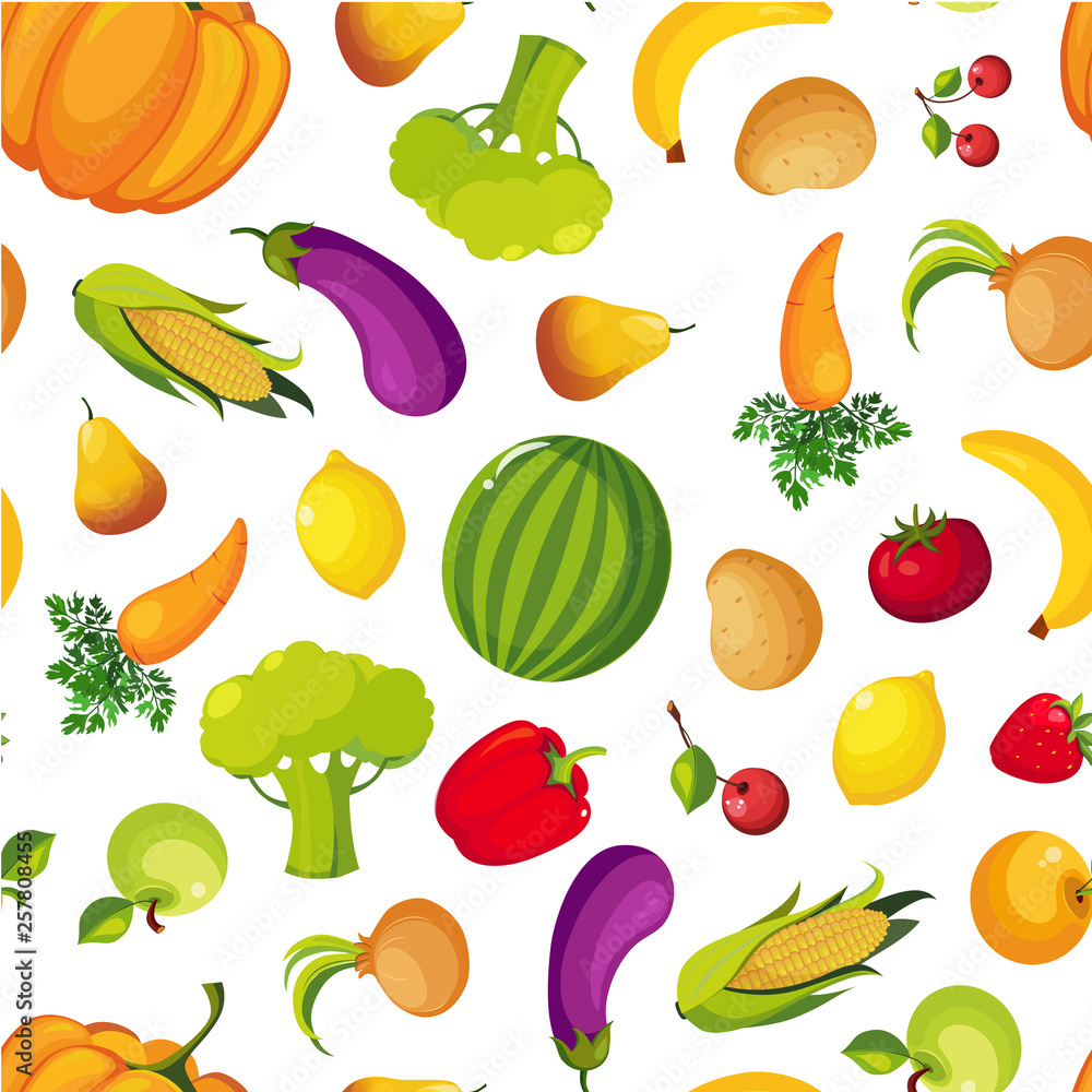 Colorful Farm Fresh Fruit and Vegetables Seamless Pattern, Healthy Food Vector Illustration Colorful Farm Fresh Fruit and Vegetables Seamless Pattern, Healthy Food Vector Illustration