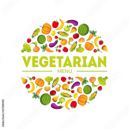 Vegeterian Menu, Farm Fresh Colorful Vegetables in Circular Shape Vector Illustration