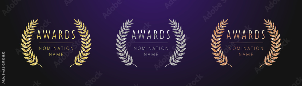 Awards logotype set. Isolated abstract graphic design template. Nominated celebrating elegant banner, decorative old tradition collection of 1 2 3 place, round shining symbols. Vector illustration.