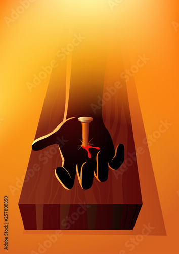 Hand of Jesus Christ nailed to the cross