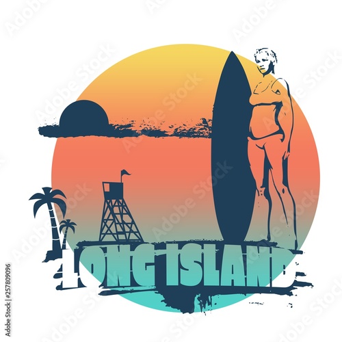 Woman posing with surfboard on grunge brush stroke. Monochrome silhouette. Vintage Surfing Graphic and Emblem. Palm and lifeguard tower on backdrop. Long Island text