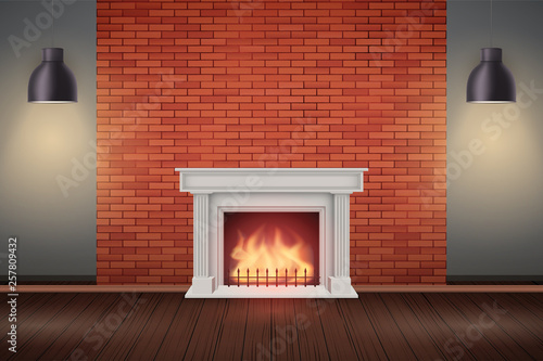 Red brick wall room with fireplace