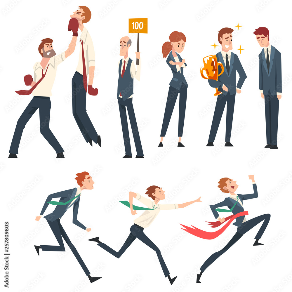Business Competition, Business People Competing Among Themselves, Leadership and Benefits Vector Illustration
