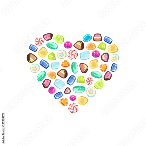 Colorful Sweetmeats in Heart Shape, Candy Shop Design Element Vector Illustration