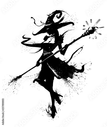 Witch with a staff in a hat with a curl
