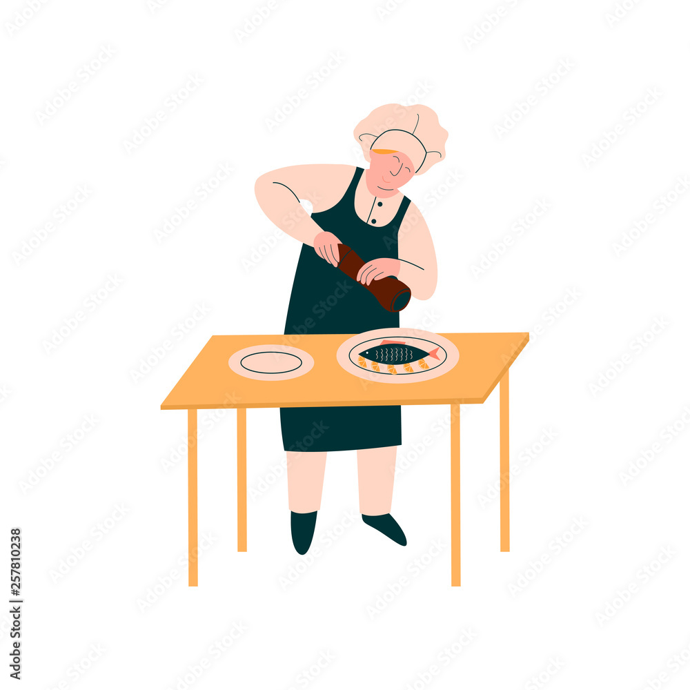 Female Cook Preparing and Garnishing Dish on Table, Professional Kitchener Character in Uniform Cooking on Kitchen Vector Illustration Female Cook Preparing and Garnishing Dish on Table, Professional Kitchener Character in Uniform Cooking on Kitchen Vector Illustration