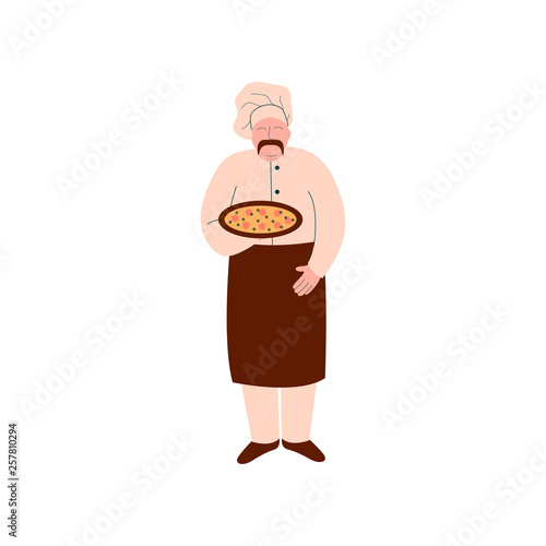 Male Chef Cook Holding Freshly Prepared Pizza on Tray, Pizza Maker Character Cooking Pizza Vector Illustration