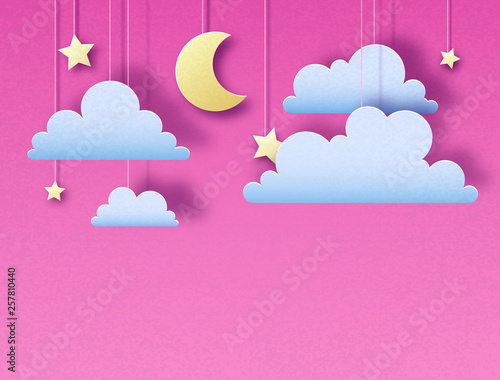 Night sky with stars, clouds and moon. Cut out paper art style design