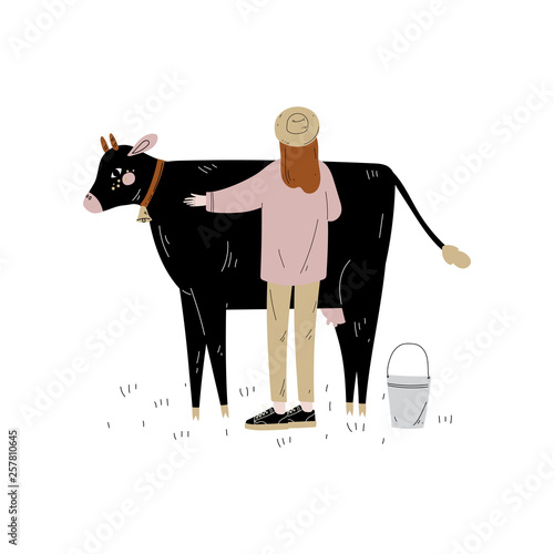 Woman Standing Next to Spotted Cow, Dairy Cattle Animal Husbandry Breeding Vector Illustration