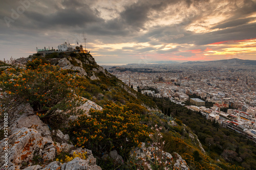 View of Athens from Lycabettus hill at sunset, Greece. 