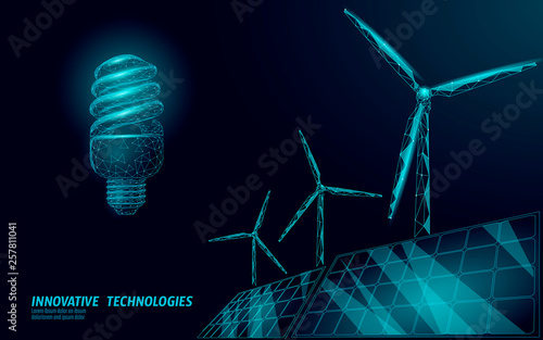 Fluorescent compact light bulb windmills idea business concept. Ecology save environment wind green energy sustainable power. Blue low poly polygonal 3D triangle vector illustration