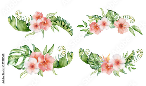 Tropical set watercolor flowers and leaves. Exotic bouquet isolated on white background. 