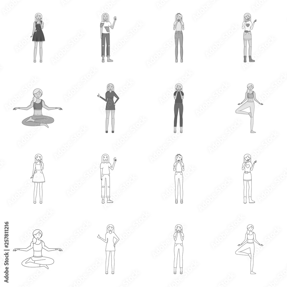 Isolated object of posture and mood sign. Set of posture and female stock vector illustration. Isolated object of posture and mood sign. Set of posture and female stock vector illustration.