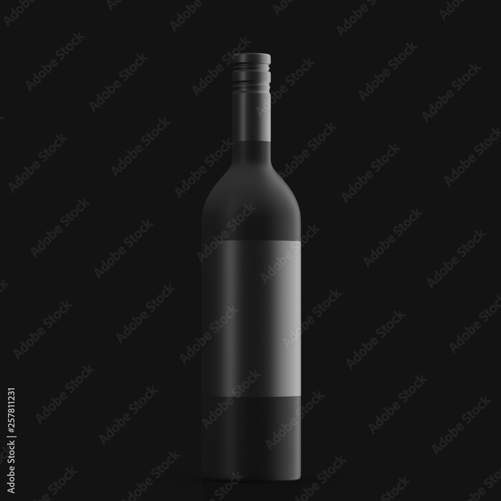 Black frosted glass bottle for alcoholic beverages on dark background. Mock up. 3d rendering Black frosted glass bottle for alcoholic beverages on dark background. Mock up. 3d rendering