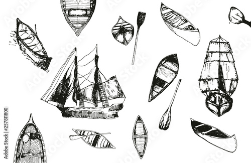 hand drawn monochrome collection of different ships, boats and canoes isolated on white.