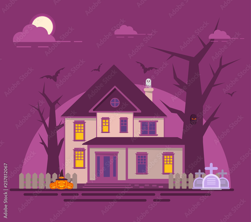 Obraz premium Halloween haunted house.Old cemetery gravestone.Spooks and pumpkin,bat flat vector.