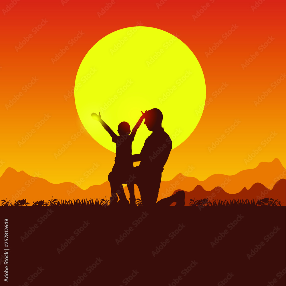 Spring family picnic trip. Father and son camping. Silhouette of people on the sun background. Summer travel with a child. Nature, mountains, hills and sunset.
