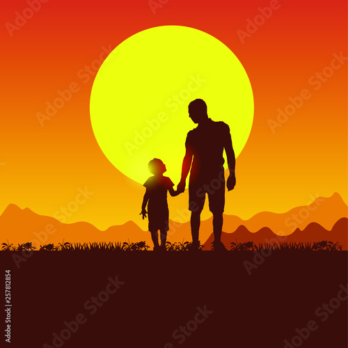 Concept of father and son camping. Summer travel with a child. Silhouette of people on the sun background. Spring family picnic trip. Nature, mountains, hills and sunset. © Василий Солдатов