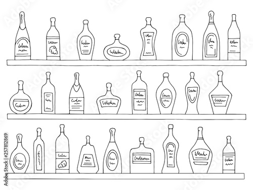 Shelves set graphic black white isolated bottles bar sketch illustration vector