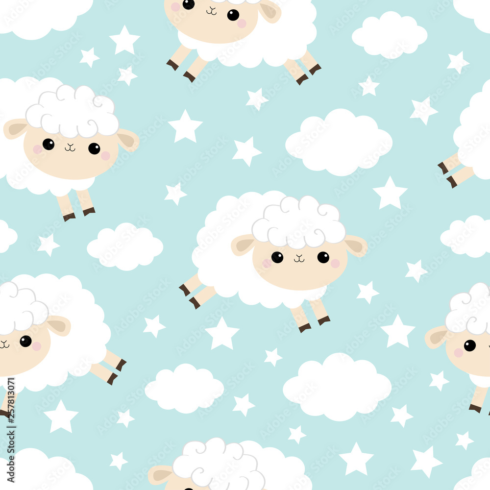 Seamless Pattern. Cloud star in the sky. Jumping sheep. Cute cartoon kawaii funny smiling baby character. Wrapping paper, textile print. Nursery decoration. Blue background. Flat design. Seamless Pattern. Cloud star in the sky. Jumping sheep. Cute cartoon kawaii funny smiling baby character. Wrapping paper, textile print. Nursery decoration. Blue background. Flat design.