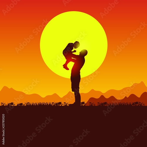 Concept of summer travel with a child. Nature, mountains, hills and sunset. Father and son camping. Silhouette of people on the sun background. Spring family picnic trip.