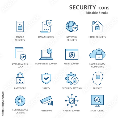 Security flat line icon set. Vector illustration. Editable stroke.