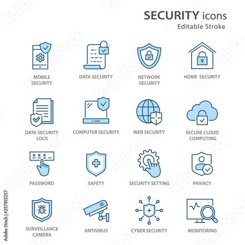 Security flat line icon set. Vector illustration. Editable stroke.