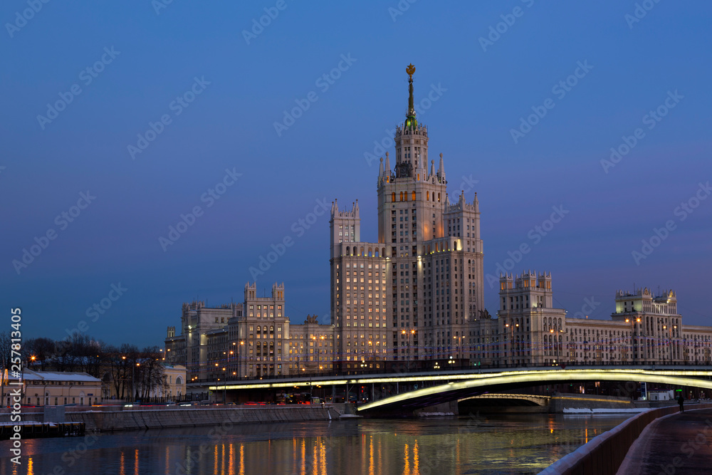 One of seven Stalin skyscrapers: the high-rise building on Kotelnicheskaya Embankment in night illumination, Moscow