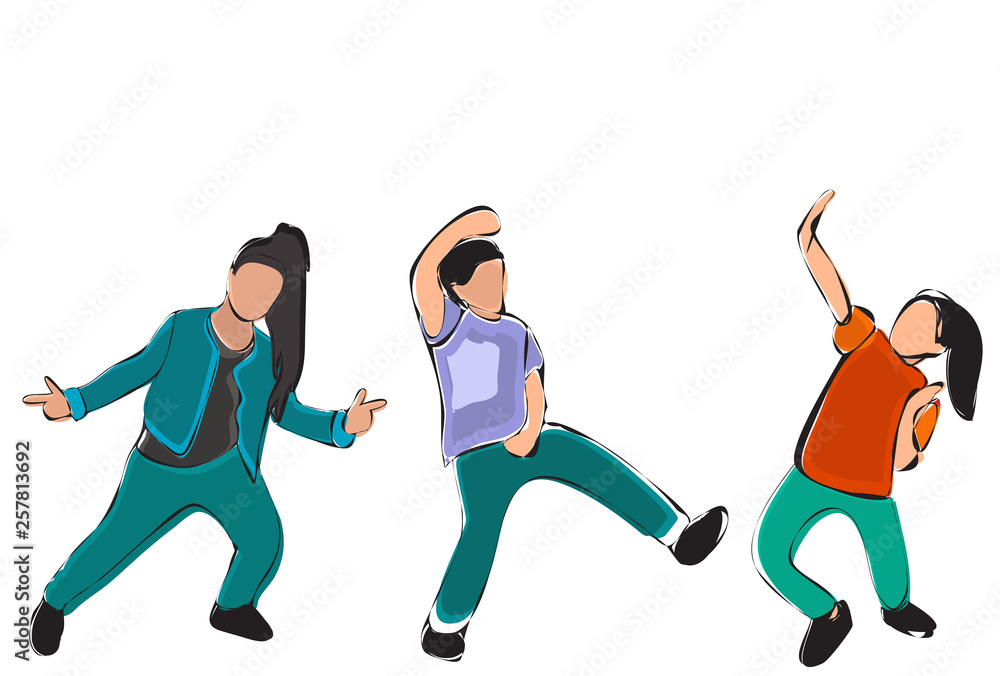white background, sketch multicolored kids dance collection