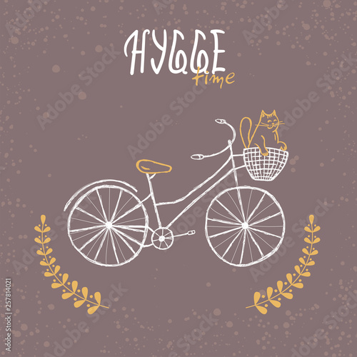 Hand drawn illustration. Hygge time with bicycle on dark background. Scandinavian hygge concept