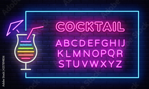 Cocktail neon sign vector design template. Night Club neon frame light banner design element, colorful modern design trend, night bright advertising, bright sign. Vector. Editing text neon sign