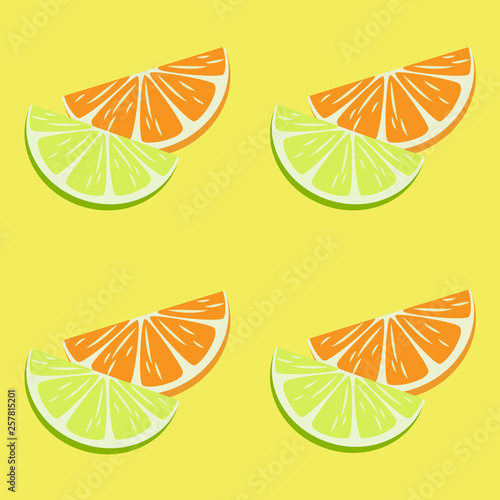 Lime and orange slices on a blue background, flat design, background
