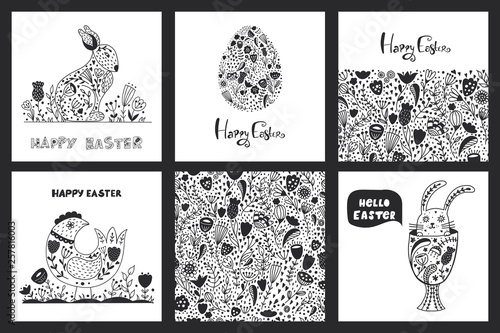 Folk art set of 5 cards and a seamless pattern.