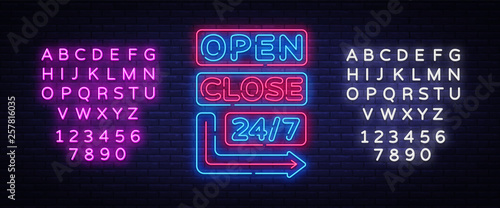 Open Close neon signs vector. Neon Signboards Design template, light banner, night signboard, nightly bright advertising, light inscription. Vector illustration. Editing text neon sign