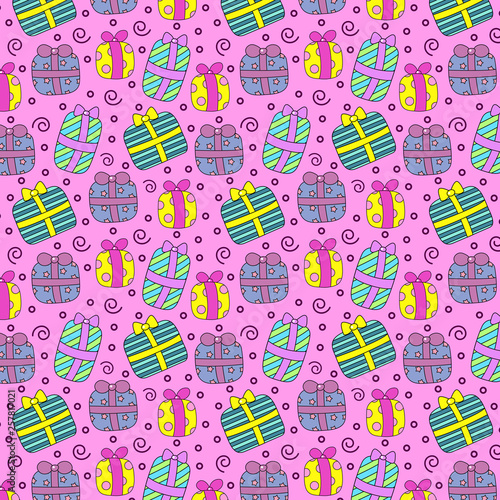 Seamless pattern with colored gift boxes on pink background. Beautiful element for your design.
