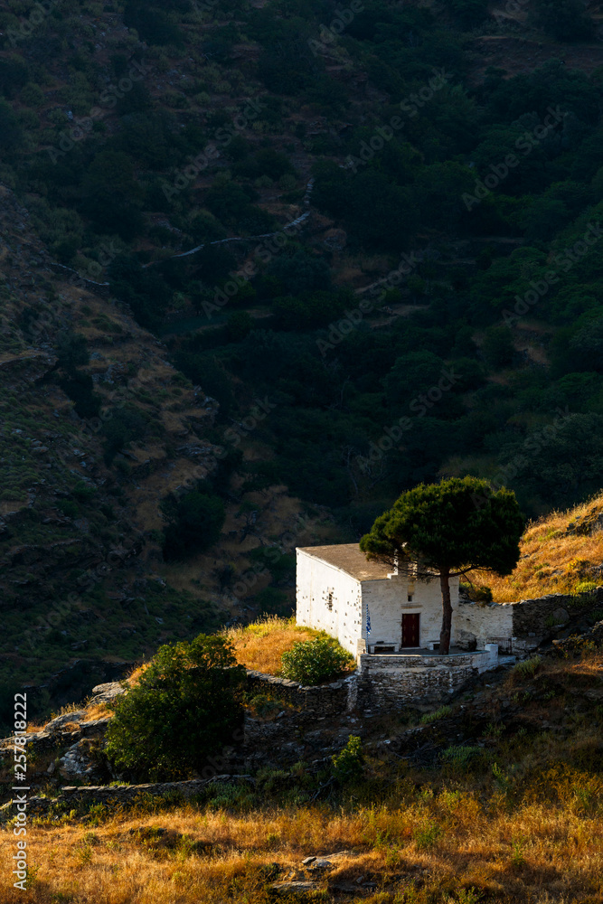 Small rural church in the fields near Ioulida village on Kea island in Greece.
