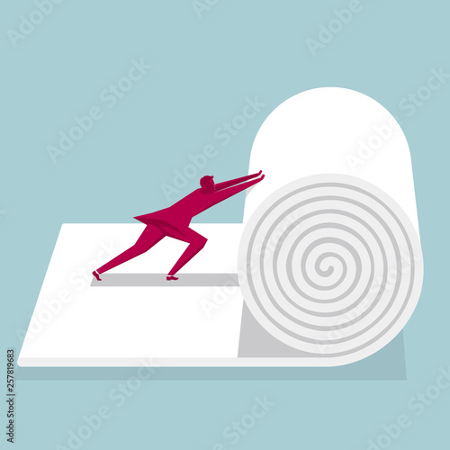 Businessman rolls up the carpet. Isolated on blue background.
