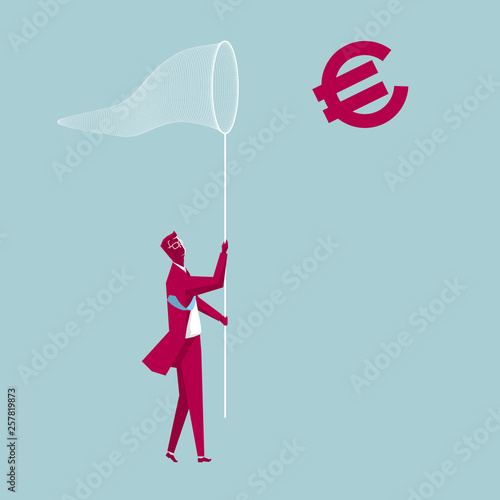 Businessman holding a butterfly net. Capture the euro. The background is blue.