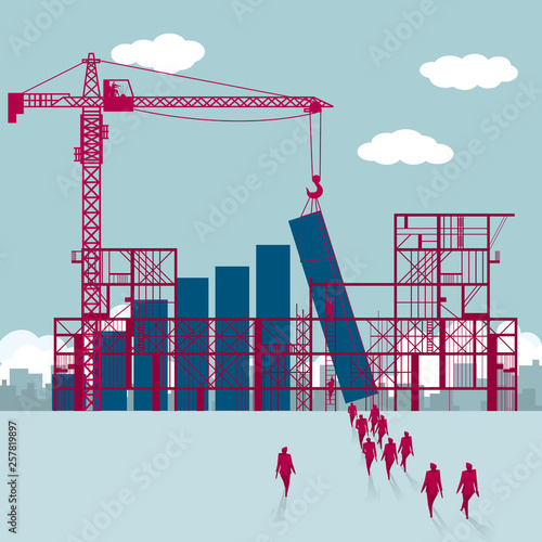 Building site, teamwork concept. A group of businessmen walked towards the chart being built.