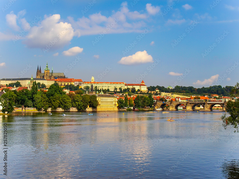 Cityscape with the Vltava River, The Prague Castle and The Saint Vitus Cathedral in Prague, Czech Republic	