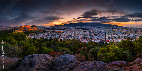 View of Acropolis from Filopappou hill at sunrise, Greece.  photo