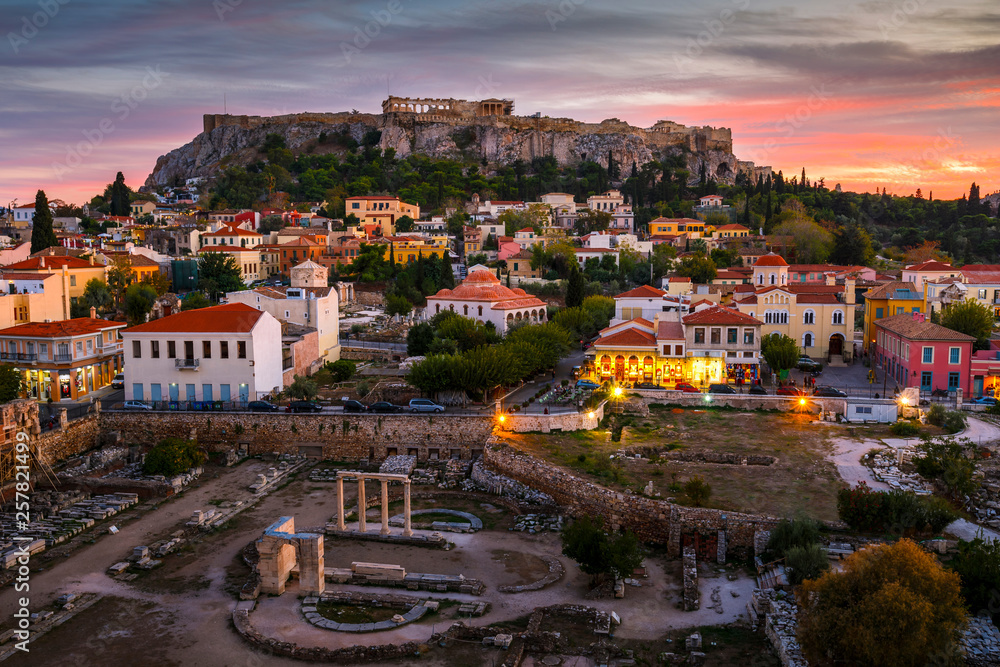 View of Acropolis from a roof top coctail bar at sunset, Greece. 