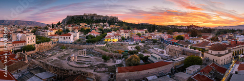 View of Acropolis from a roof top coctail bar at sunset, Greece. 