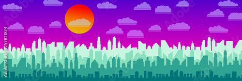 Modern City Skyline. Different buildings, skyscrapers, office center silhouette. Vector flat cartoon panorama. Architecture urban landscape