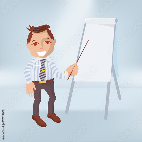 Männchen mit Flipchart und weißen Blatt Papier