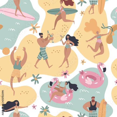 People on the beach, surfer girl, surfer boy, girl swimming on pink flamingo float circle, people drink cocktails. Summertime seamless pattern.