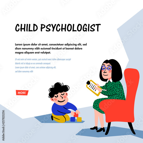 Psychology. Child psychologist. Woman Psychologist tests the child. Preparation for school. Doodle style flat vector illustration